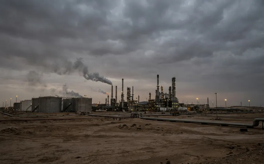 Instalación petrolera en Medio Oriente bajo un cielo nublado, representando la tensión geopolítica y el impacto económico global.