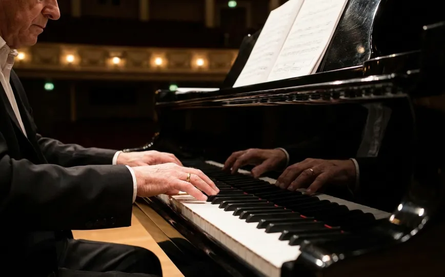 Fotografía descriptiva del eminente pianista y compositor cubano Frank Fernández durante una presentación artística.