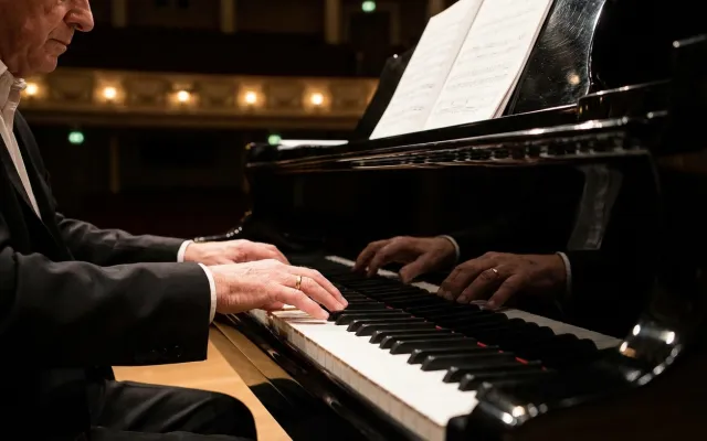Fotografía descriptiva del eminente pianista y compositor cubano Frank Fernández durante una presentación artística.
